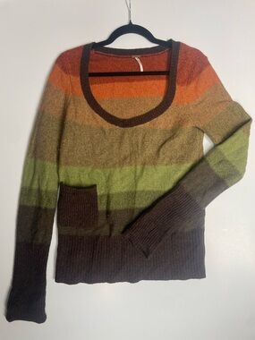 Free People Striped Scoop-Neck Sweater in Orange, Green, Brown 100% Wool size S